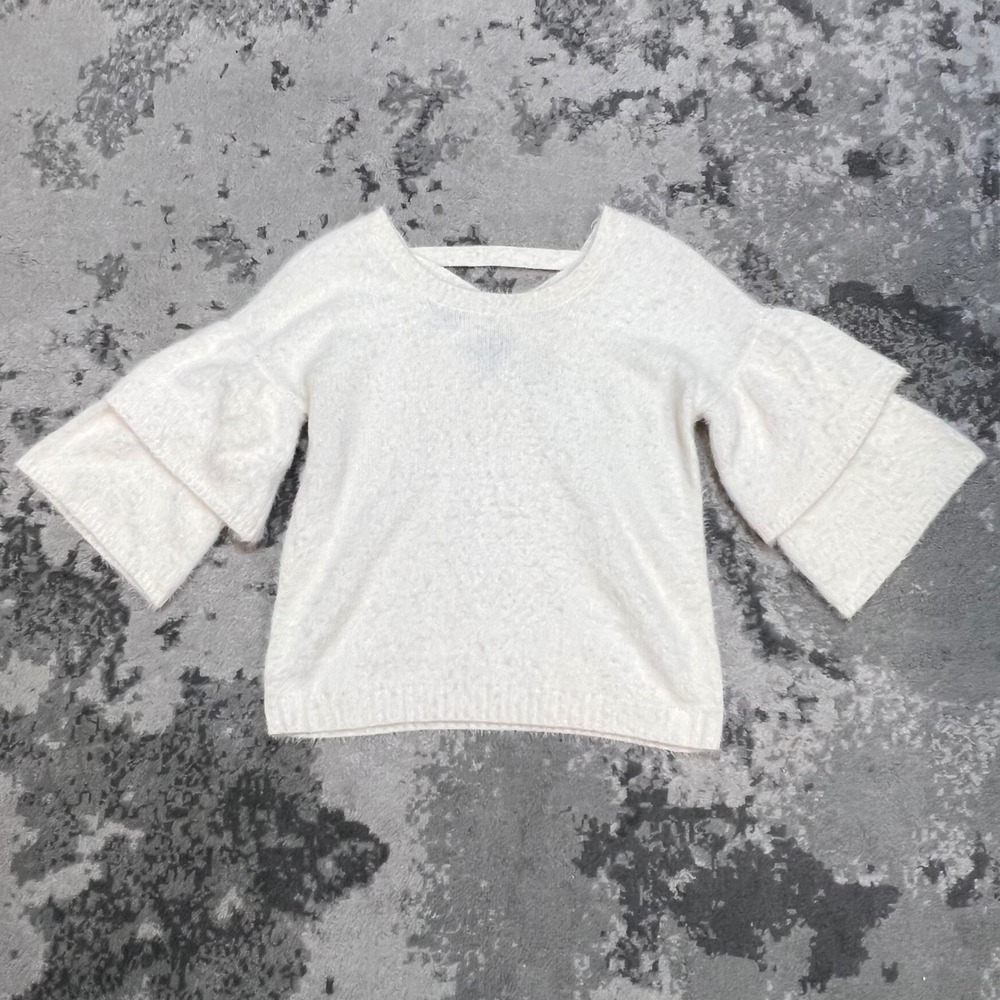 Sequin Hearts Womens Cream Eyelash Knit Bell Sleeve Crisscross Back Sweater L - Picture 2 of 7